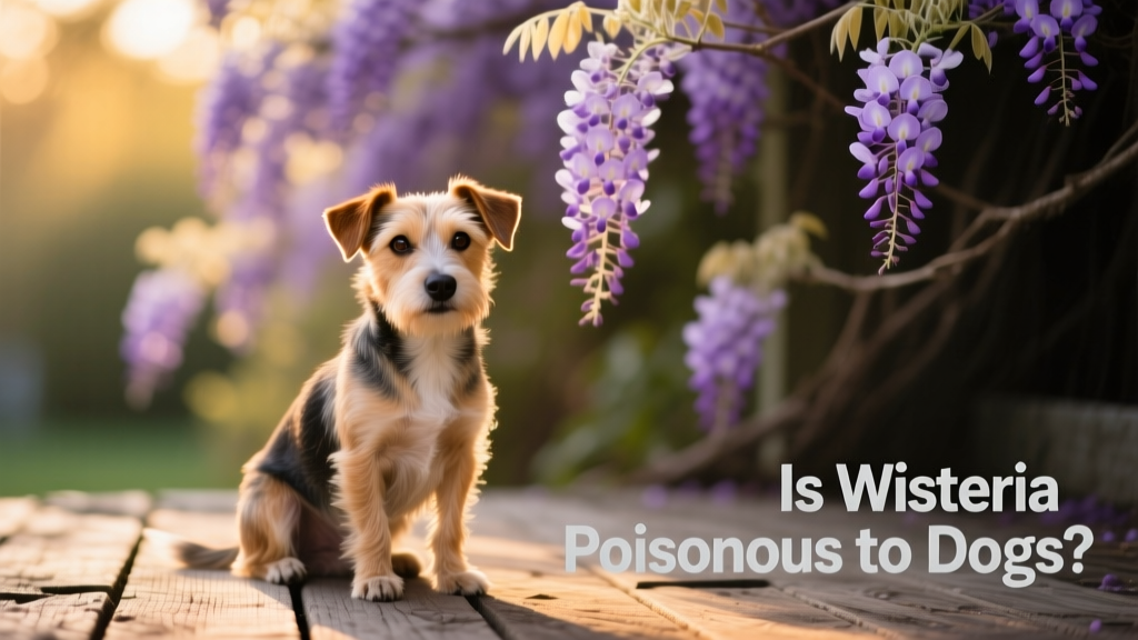 A small dog sitting on wooden decking with a large wisteria vine blurred in the background