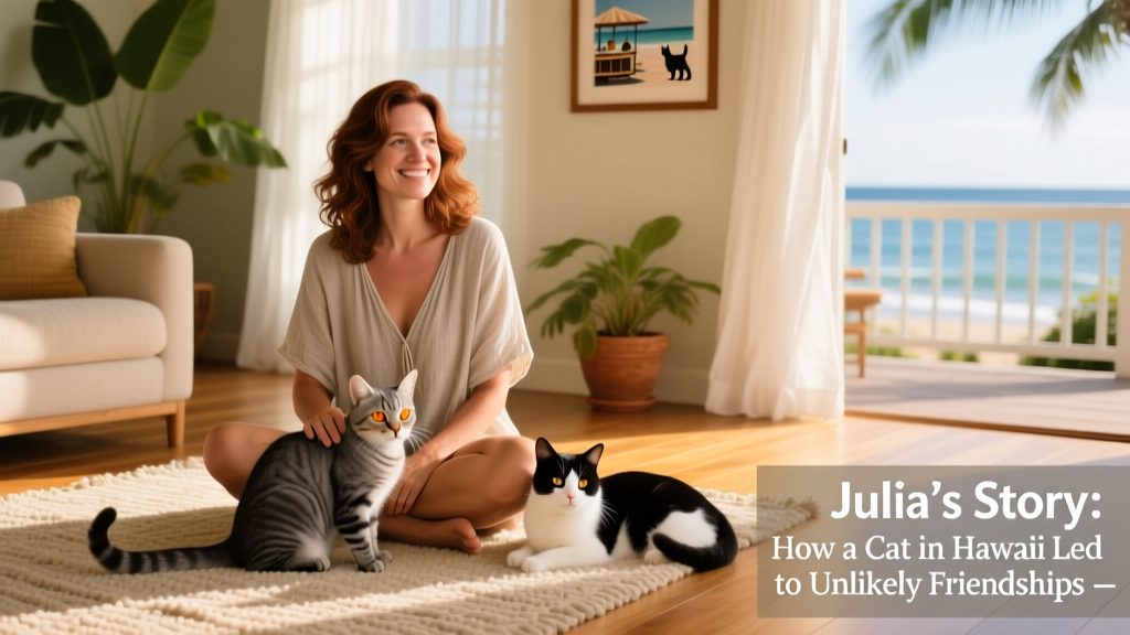 Julia seated on a cozy living room floor, gently petting Tabitha and Oreo side by side