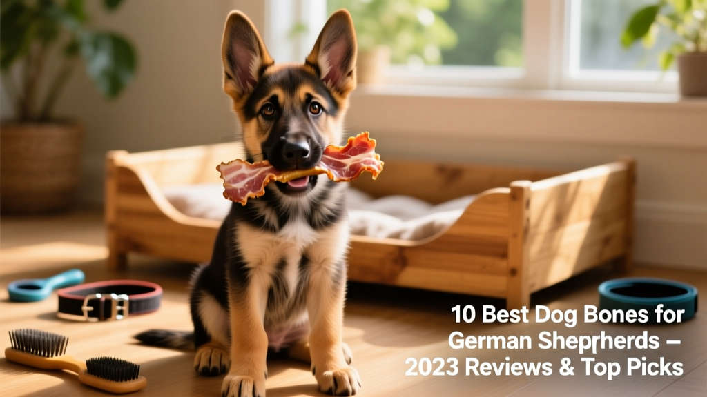 German Shepherd puppy sitting upright, gently holding a bacon-flavored edible chew in its mouth