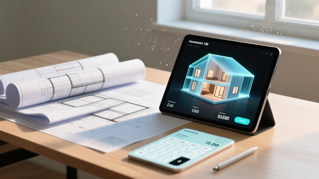 Architectural blueprints on a wooden desk next to a tablet displaying a 3D house model and construction cost calculator