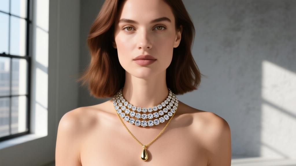 A woman wearing a layered necklace stack featuring a 16-inch bezel set tennis necklace paired with a delicate gold pendant chain.