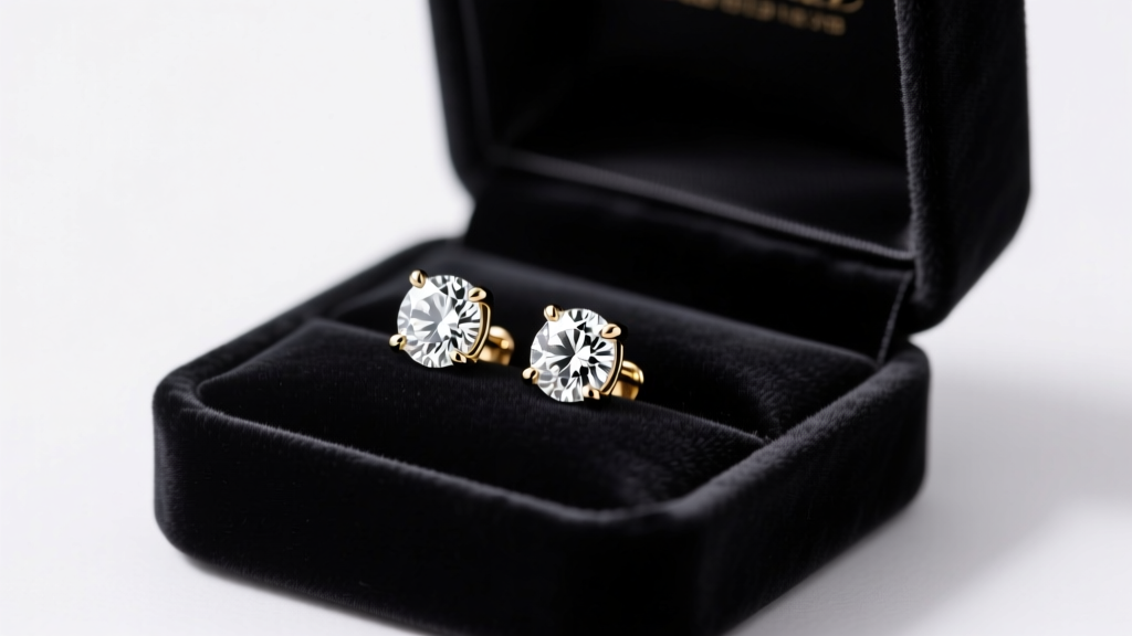 Open velvet gift box revealing 14k white gold diamond stud earrings under soft studio lighting, macro jewelry photography
