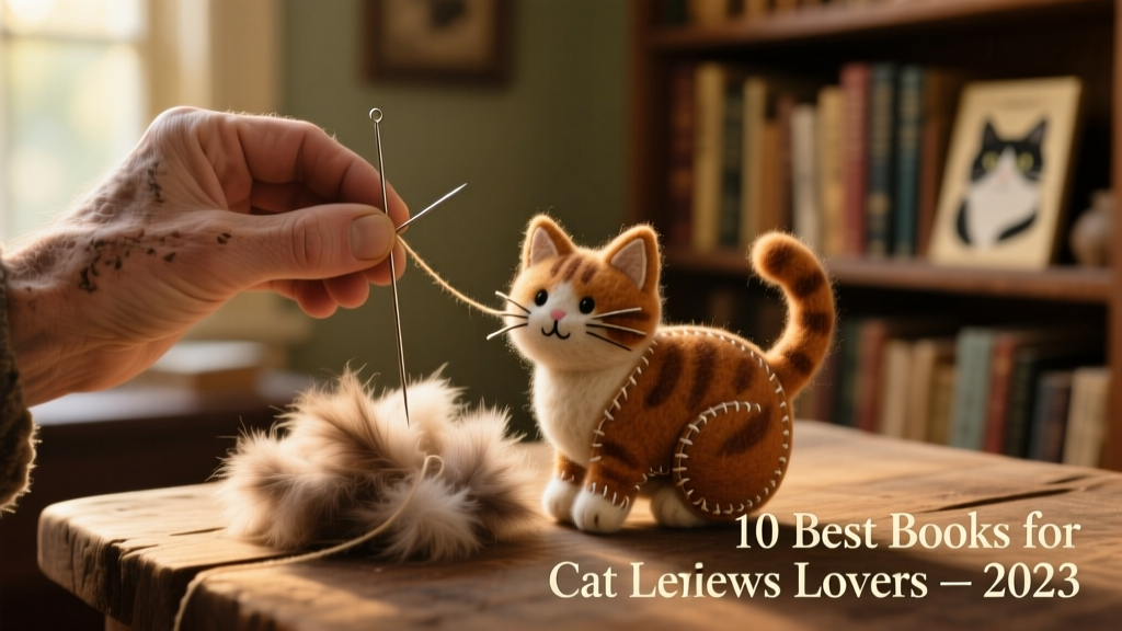 A hand holding a needle and thread next to a small pile of collected cat fur and a finished felted cat-shaped ornament