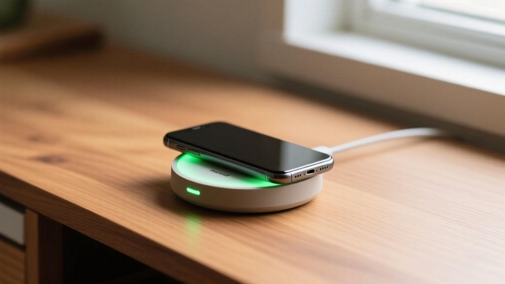 A sleek, matte-finish wireless charger made from recycled ocean plastics sitting on a wooden desk, softly illuminating a smartphone with a green LED indicator.