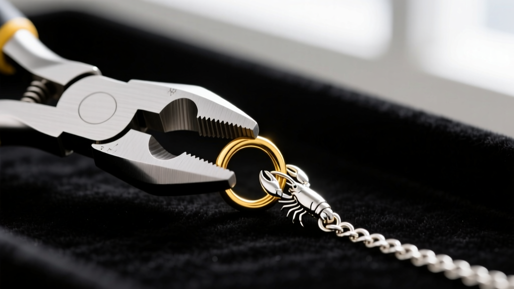 Macro shot of pliers attaching a small gold jump ring to a lobster clasp to extend a silver chain on a dark velvet mat