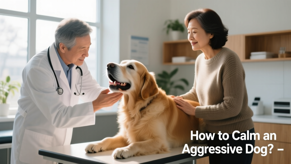 A veterinarian gently examining a senior dog’s mouth while the owner looks on reassuringly