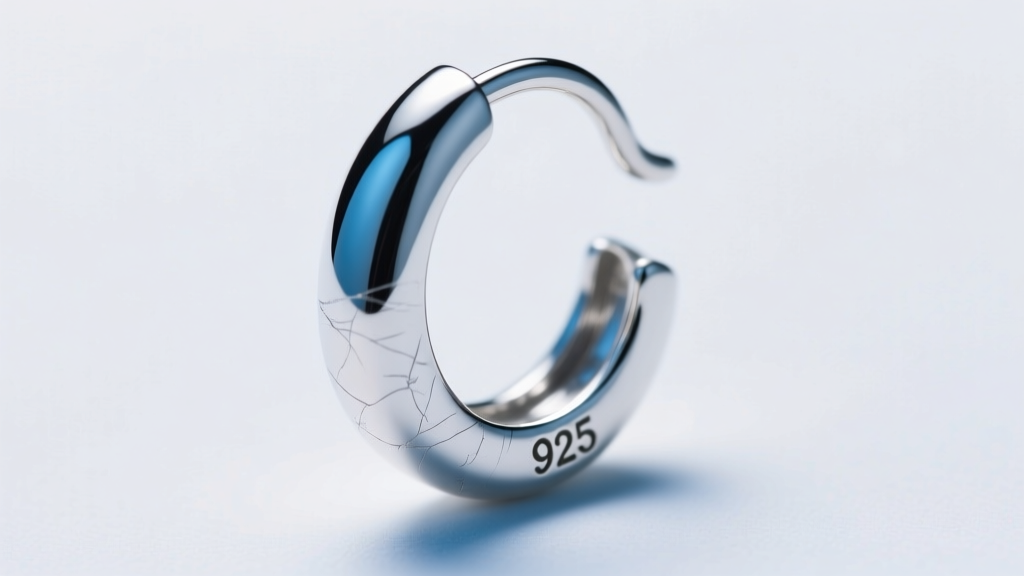 Macro photo of Argentium silver dangle earring hook showing polished finish and 925 hallmark stamp under bright studio lighting.