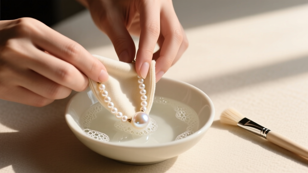 Hands cleaning a freshwater pearl Eliou necklace with a microfiber cloth, beside a bowl of soapy water and a soft jewelry brush