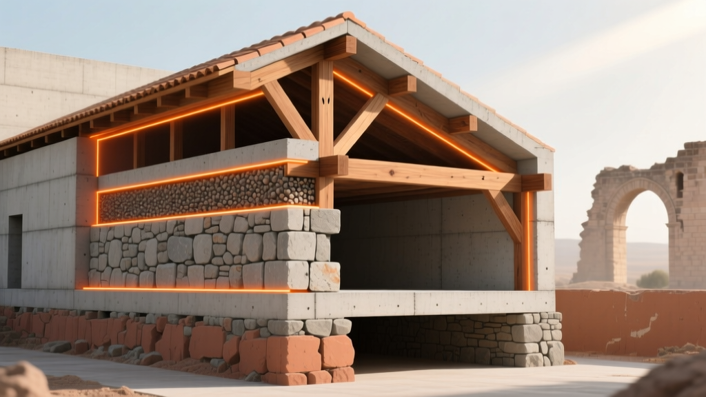 Architectural cross-section comparing Roman concrete with medieval ashlar masonry and timber framing, highlighting structural load paths