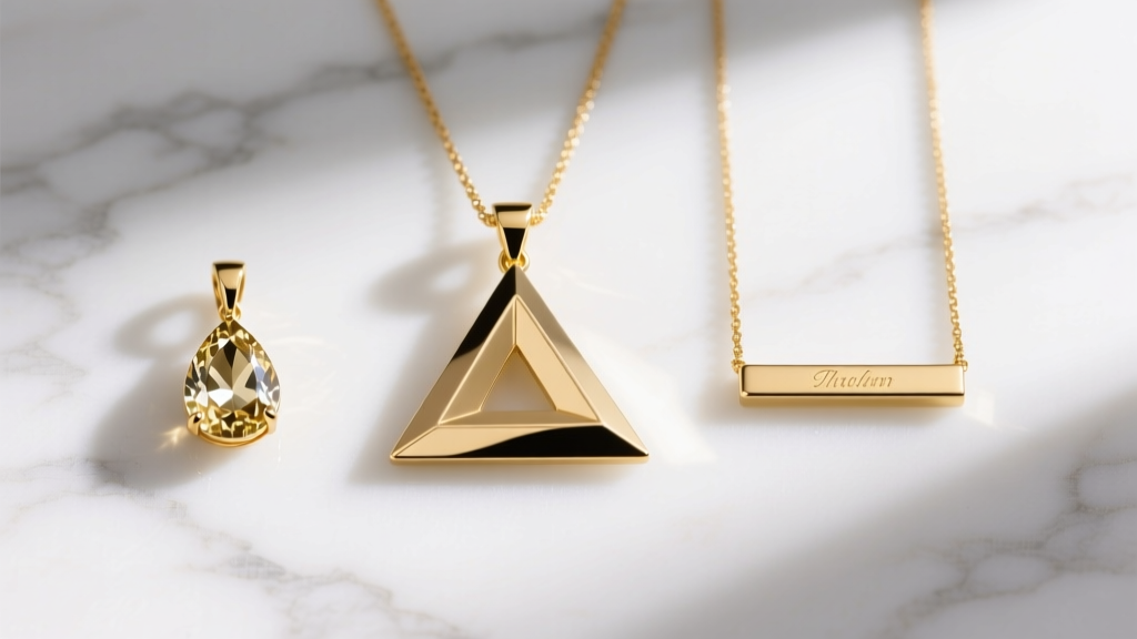 Flat lay of three gold pendants including a geometric triangle, a pear-cut gemstone, and a simple bar necklace on white marble.