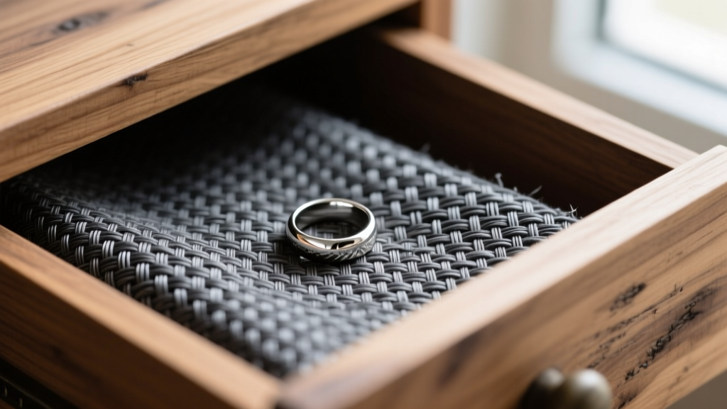 Macro shot of charcoal Pacific Silvercloth lining in a cedar drawer showing woven texture with a silver ring resting on the fabric