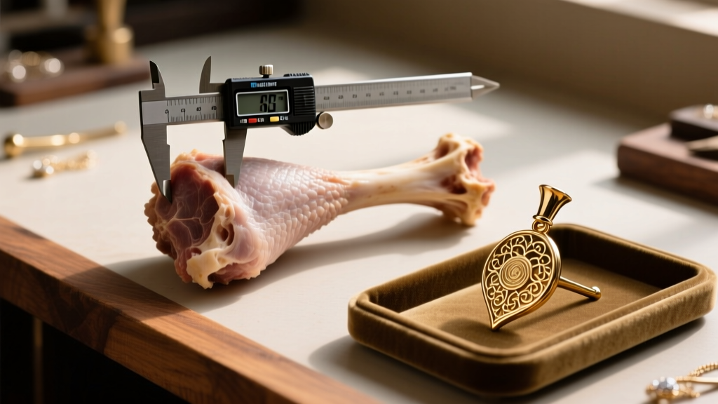 Jeweler workbench showing a raw turkey leg bone measured with digital calipers next to a finished brass-capped spur pendant