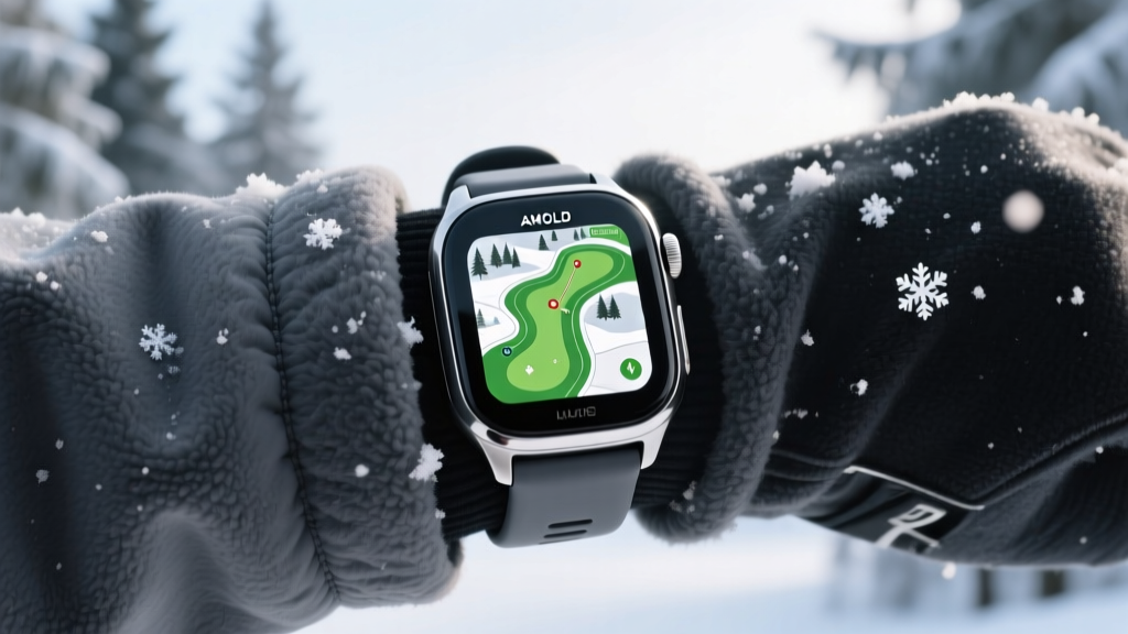 Close-up of a golf GPS watch strapped to a thick winter fleece jacket, showing a bright AMOLED course map in the snow.