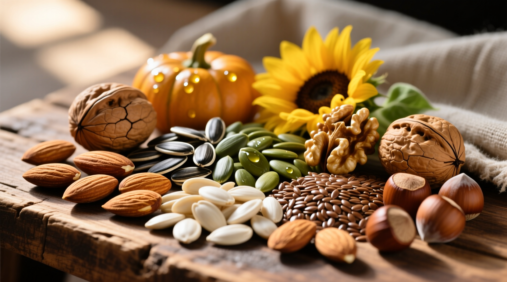 Colorful assortment of vitamin E rich nuts and seeds