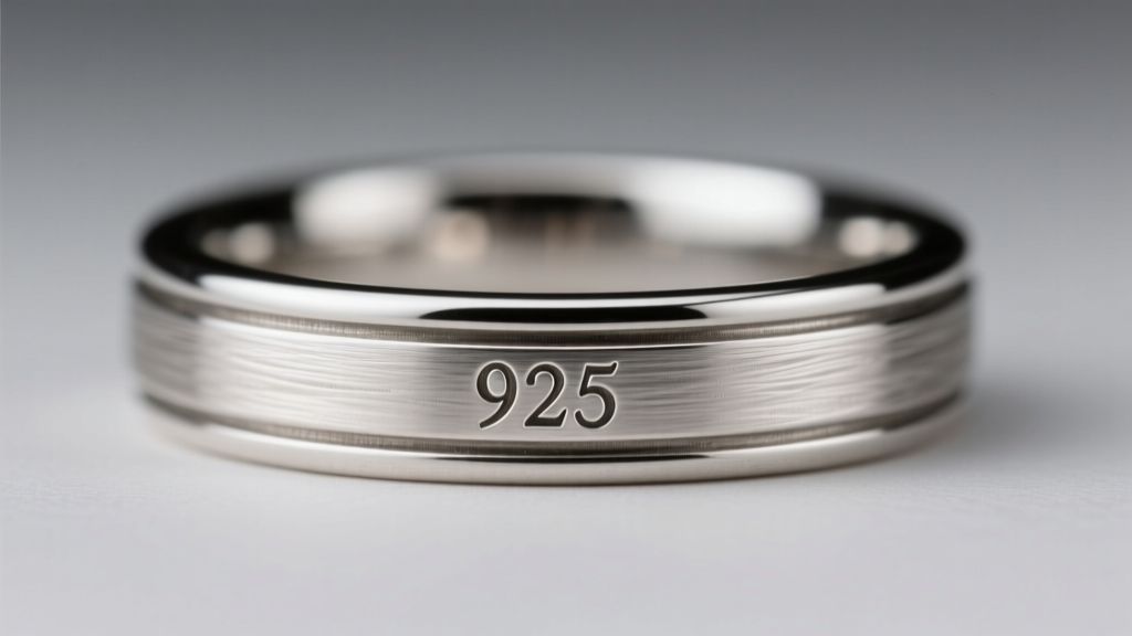 Macro photo of a vintage sterling silver ring band showing a clearly stamped 925 hallmark, illuminated by soft studio lighting.