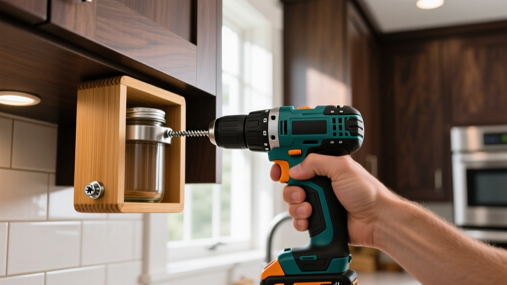 Homeowner using a power drill to mount a bamboo-base under-cabinet jar opener with stainless steel screws into dark walnut kitchen cabinetry