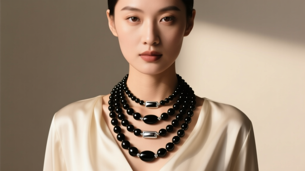 Woman wearing layered black onyx bead necklaces with sterling silver clasps against a cream silk blouse under soft lighting.