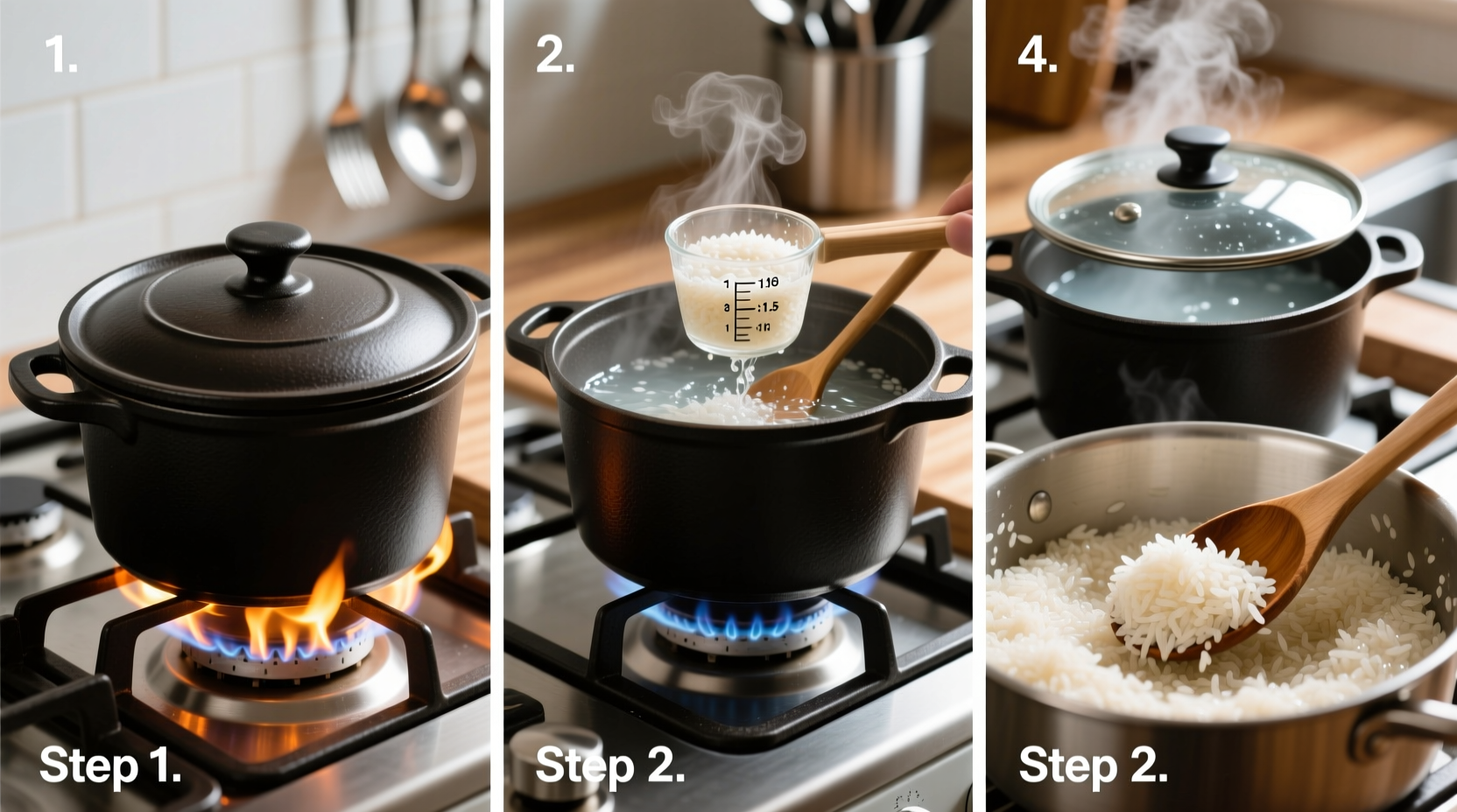 Step-by-step stovetop rice cooking process in a pot