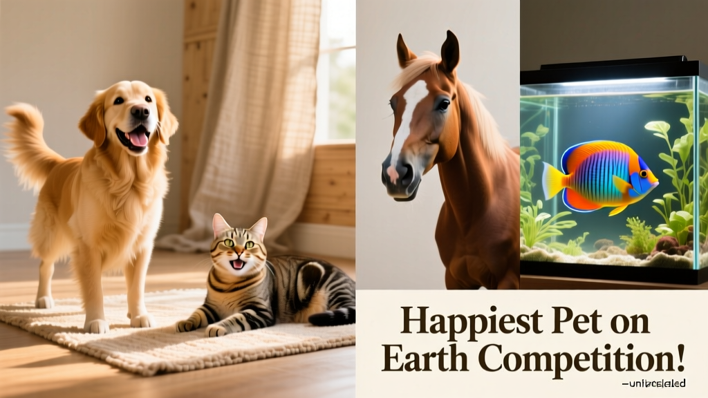 Collage of happy pets: a smiling dog, a relaxed cat, a curious horse, and a vibrant fish in a well-lit aquarium
