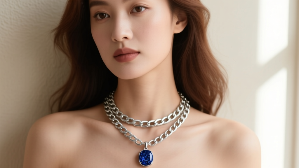 Close-up of a woman wearing a layered 20 inch sterling silver box chain with a sapphire locket, soft natural window lighting.