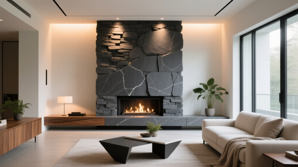 Modern living room fireplace clad in dry-stacked dark grey indoor veneer stone illuminated by warm recessed lighting.