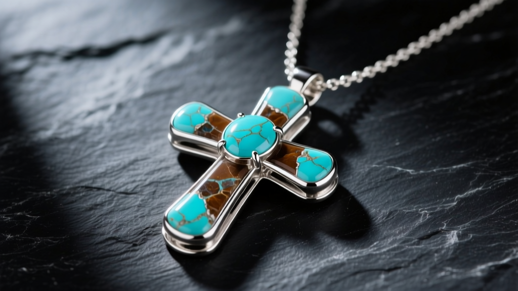 Sterling silver cross necklace with turquoise cabochons on dark slate, soft lighting highlighting the brown stone matrix.