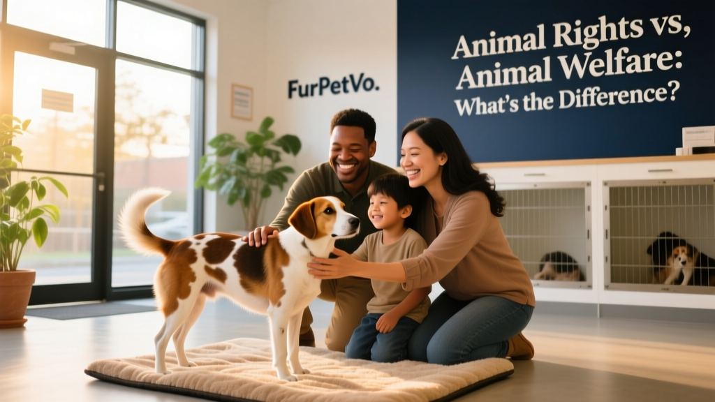 A joyful family adopting a mixed-breed dog from a clean, well-lit shelter run by FurPetVo