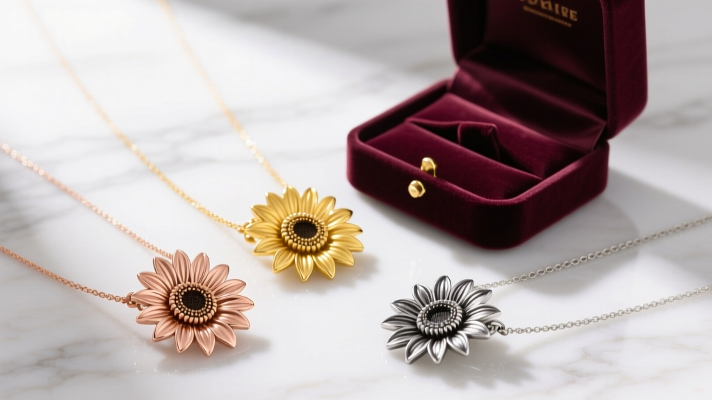 Three sunflower necklaces in rose gold, yellow gold, and oxidized silver arranged on white marble next to an open velvet gift box.