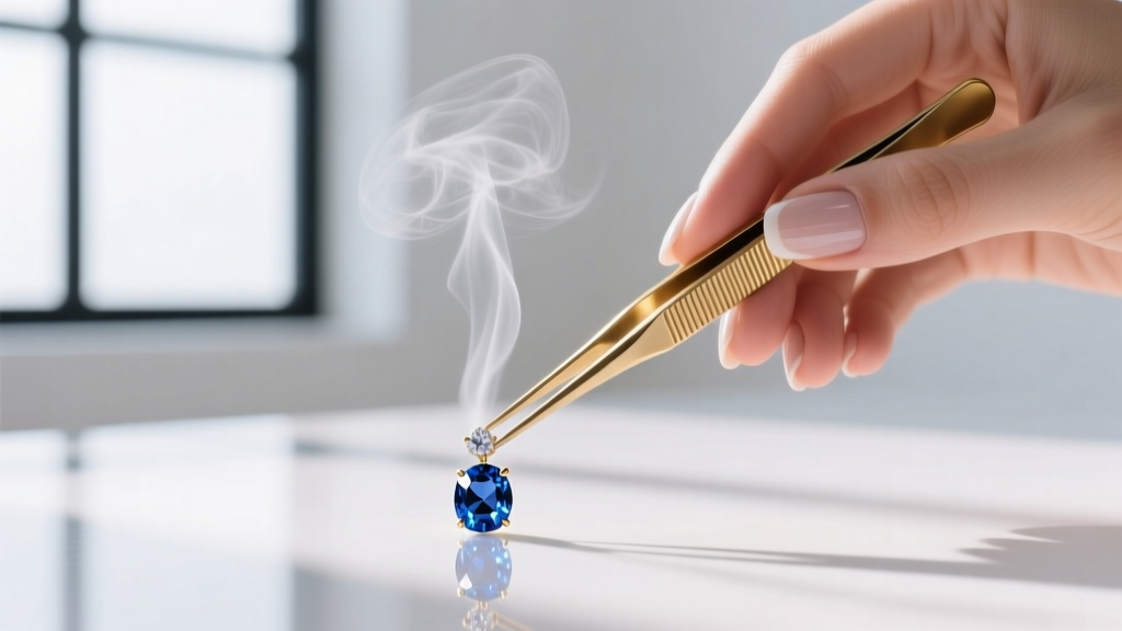 Hands holding brass tweezers to position a delicate sapphire pendant under a high-pressure steam nozzle in a bright jewelry studio