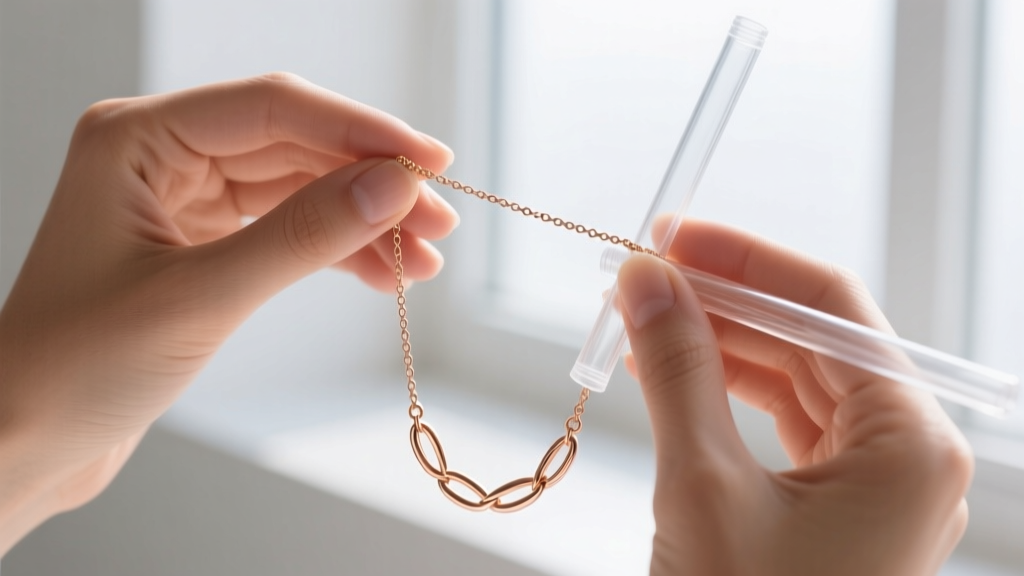 Hands threading the delicate drop chain of a rose gold lariat necklace through a clear plastic straw for tangle-free storage