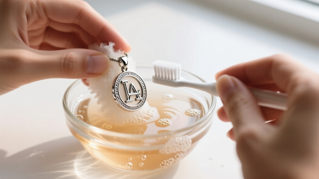Hands gently scrubbing a sterling silver LA pendant with an extra-soft toothbrush in a small glass bowl of warm soapy water.