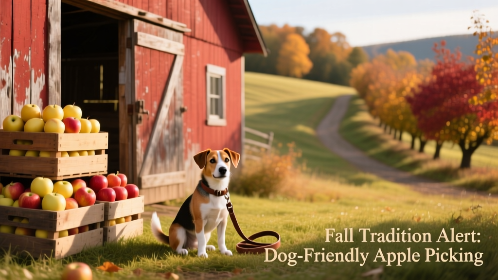 A cozy, historic red barn with apple crates stacked outside and a small dog sitting beside a leash on the grass
