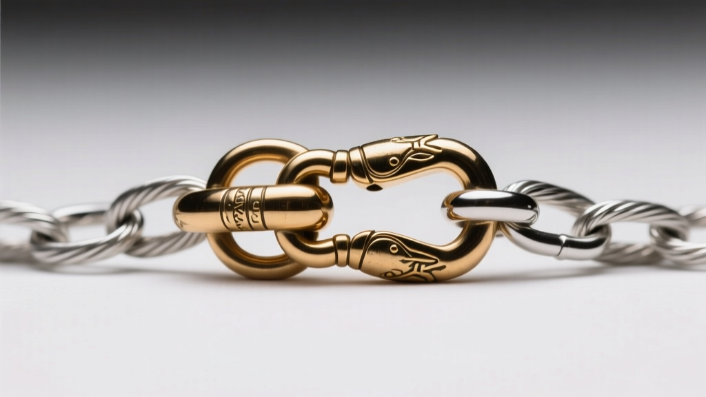 Macro shot of a 1.2mm brass lobster clasp attached to a 1.0mm sterling silver cable chain link under bright studio lighting.