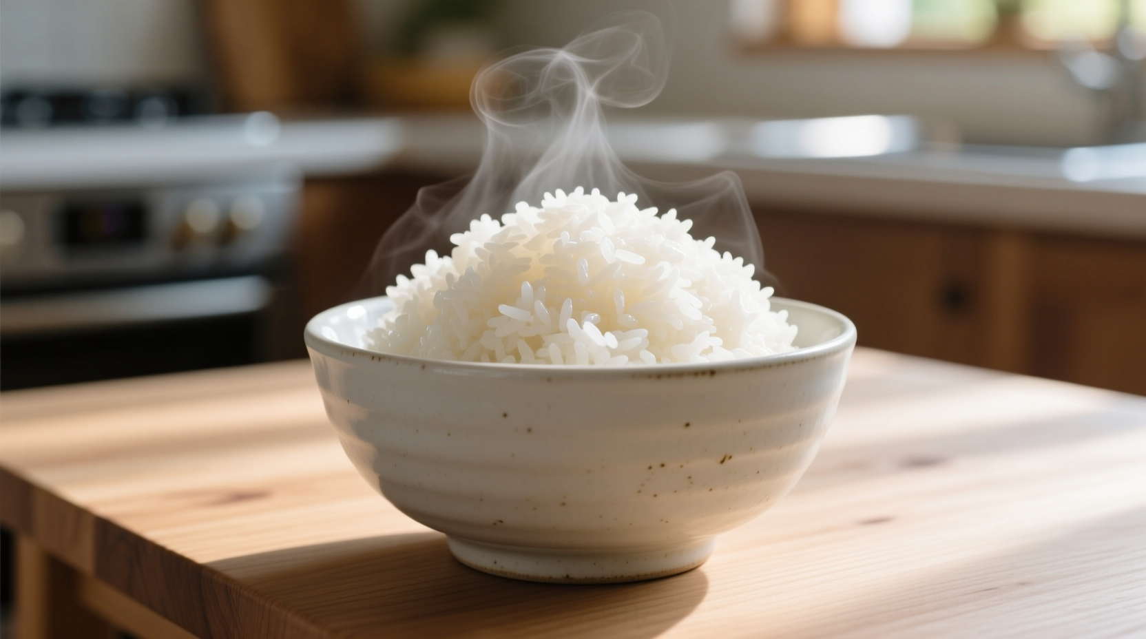 Perfectly cooked fluffy rice in white ceramic bowl