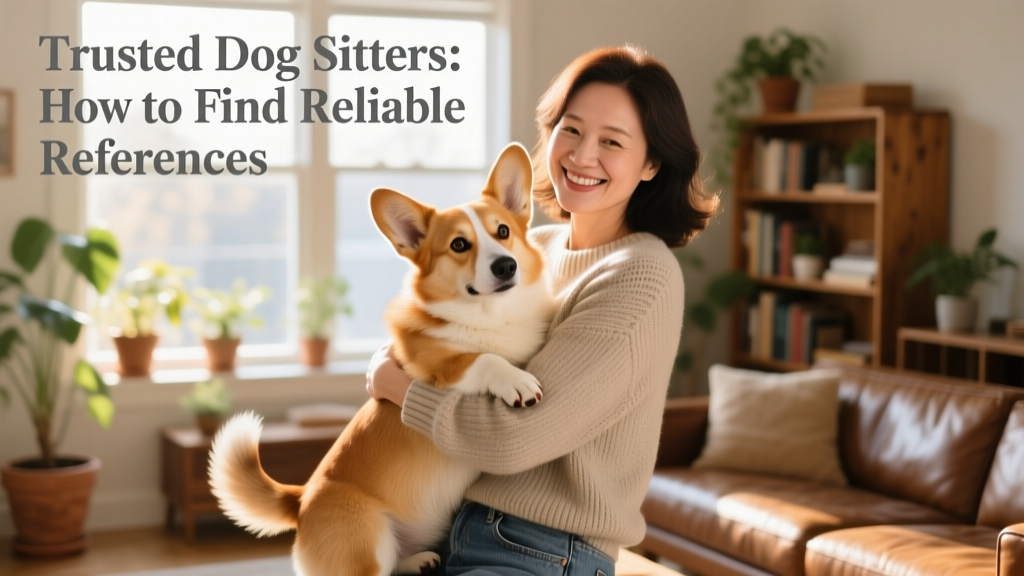 A dog sitter gently holding a corgi and smiling warmly