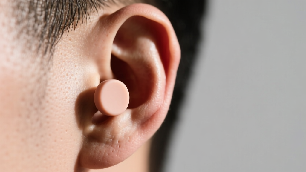 Side profile showing a flesh-toned silicone pressure stud on a lower earlobe, highlighting the flat backing against the skin.