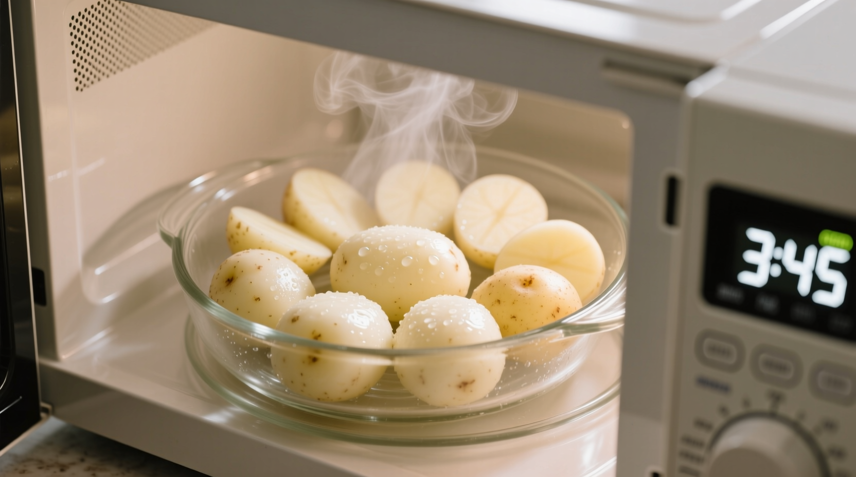 White potatoes being microwaved in glass dish