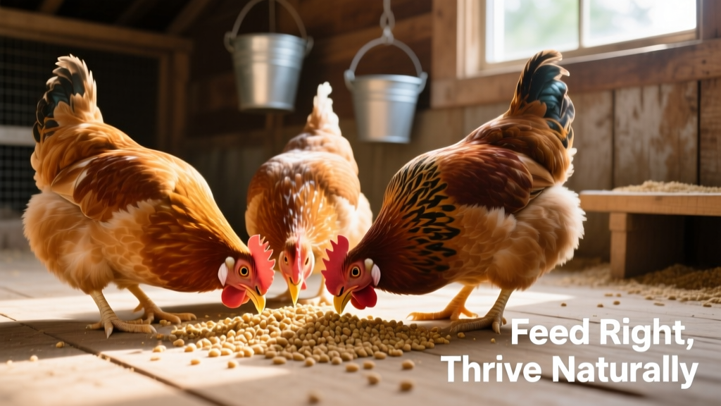 A close-up of healthy hens pecking at high-quality layer feed in a clean coop