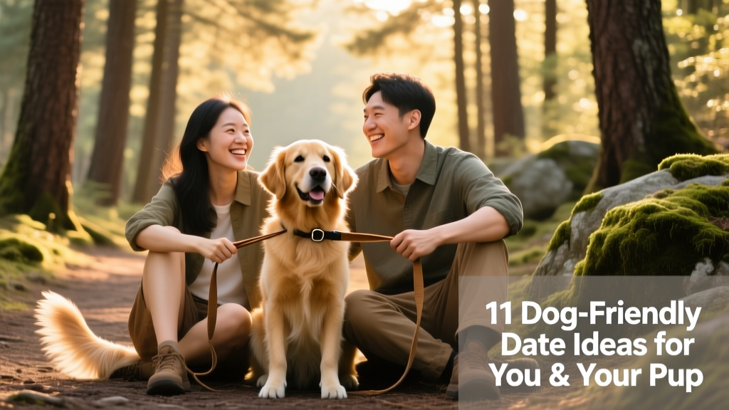A couple smiling as their golden retriever sits between them on a forest trail, leashes gently held in both hands