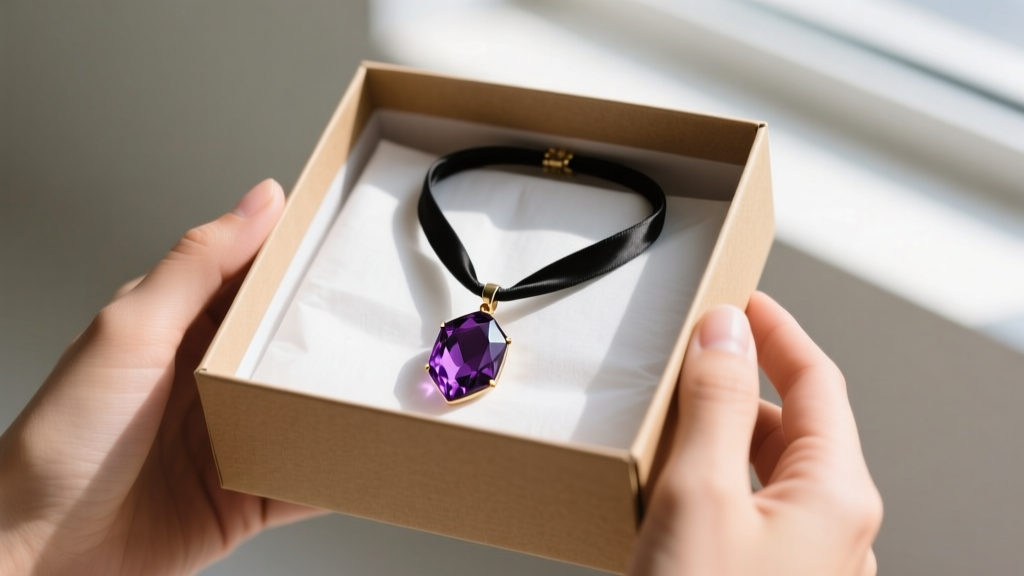 Hands holding a kraft box with an adjustable black silk cord necklace and amethyst pendant resting on white tissue paper inside.