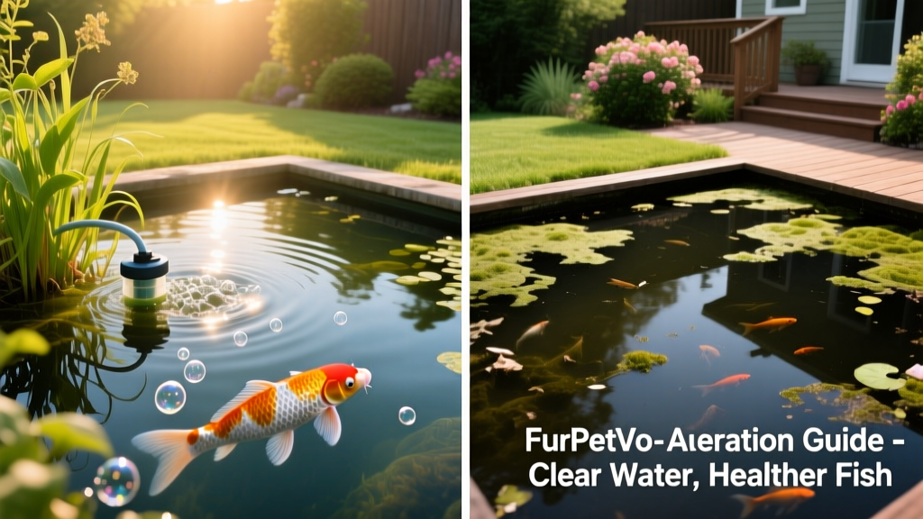 Side-by-side comparison showing clear, oxygen-rich water in a FurPetVo-aerated pond versus murky, stagnant water in an unaerated one