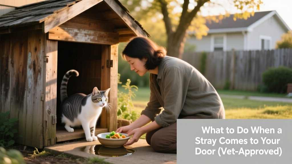 A person gently placing a small bowl of food and a shallow dish of water near a covered outdoor shelter for a stray cat
