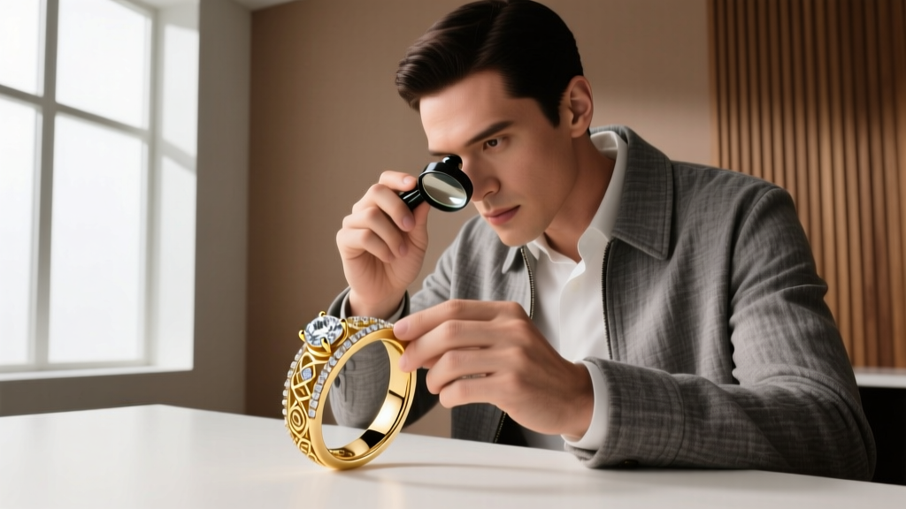 A jeweler's hands using a specialized bezel pusher to tighten a tapered setting on an artisan resin and gold candle earring