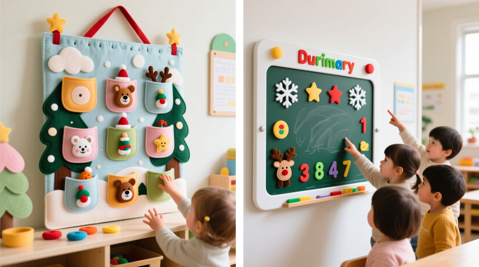 felt advent calendar vs magnetic chalkboard version which works better for toddlers and classrooms