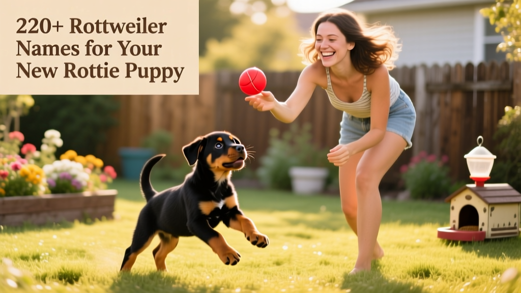 A woman playing ball with a small Rottweiler puppy