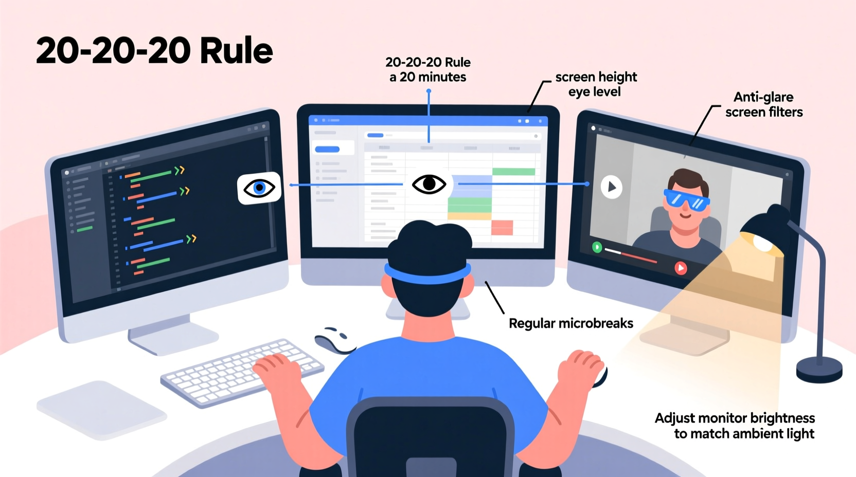 how to reduce eye strain when working on multiple screens all day