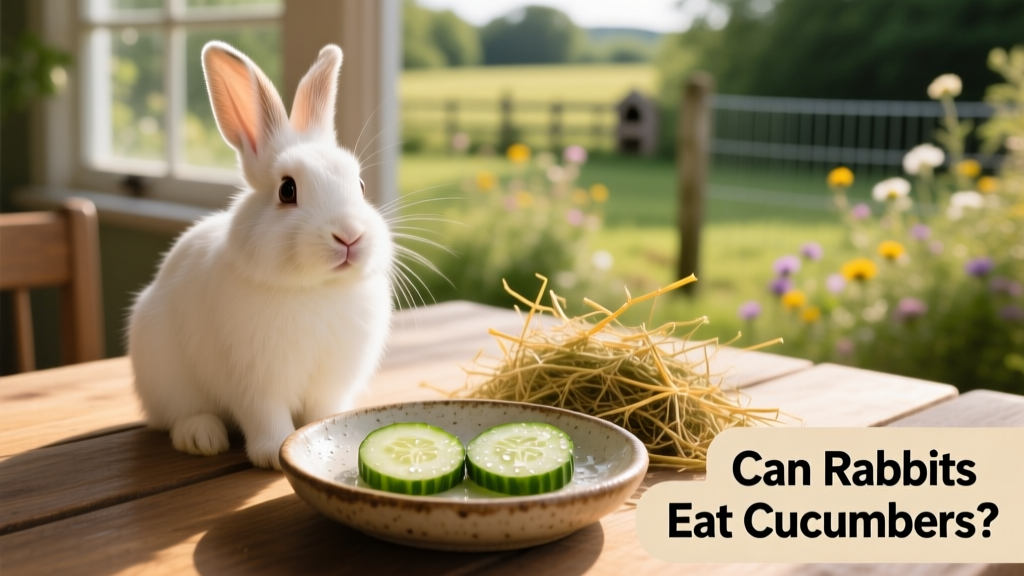 A happy rabbit sitting beside a shallow dish containing two cucumber slices and a handful of timothy hay