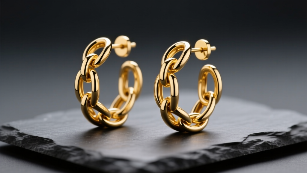 Close-up of interlocking 14k yellow gold oval link earrings resting on dark slate, illuminated by soft directional studio light.