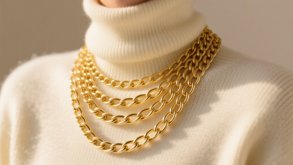 Layered delicate 14k yellow gold cable chains resting on a cream cashmere turtleneck sweater, illuminated by soft, cozy winter lighting.