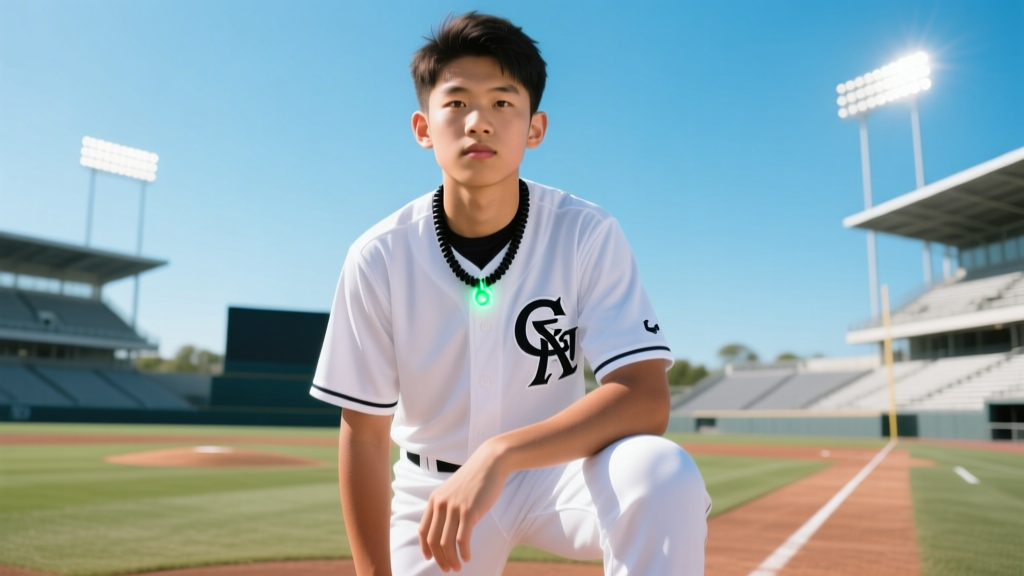Youth baseball player in a clean white jersey wearing a black silicone breakaway necklace under bright outdoor stadium lights